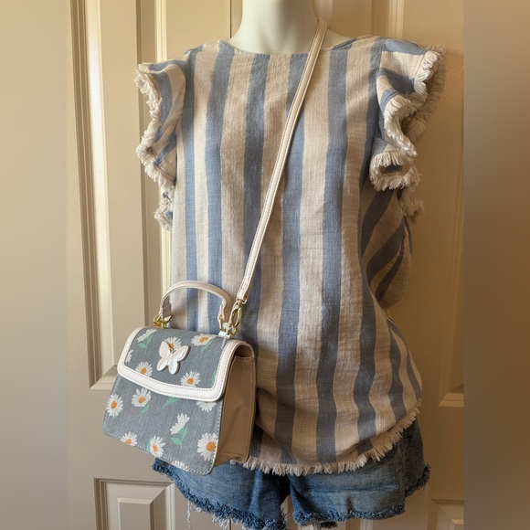 Doe & Rae Tops - Ladies Striped Ruffle Sleeve Top, 100% cotton, purse sold separately